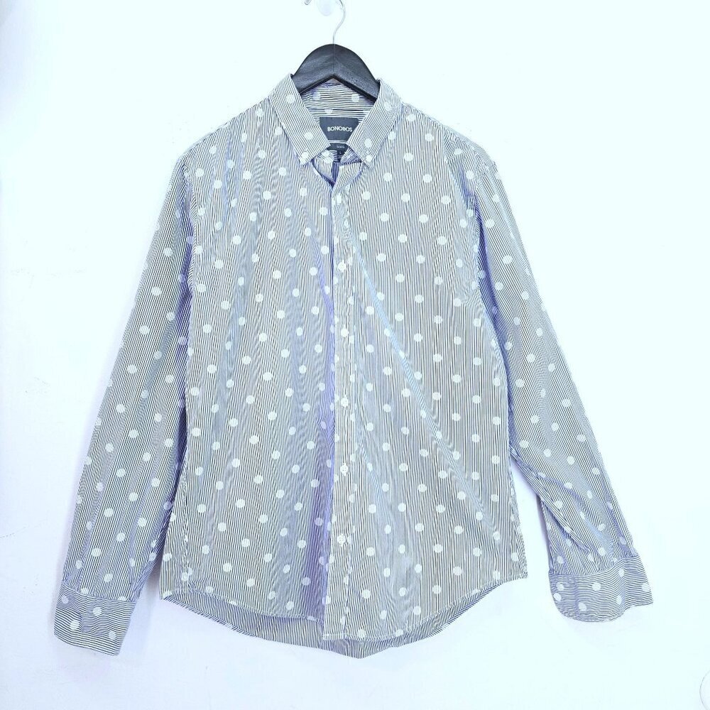 Bonobos Blue White Polka Dot Striped Slim Fit Button Up SHirt Men's size Large